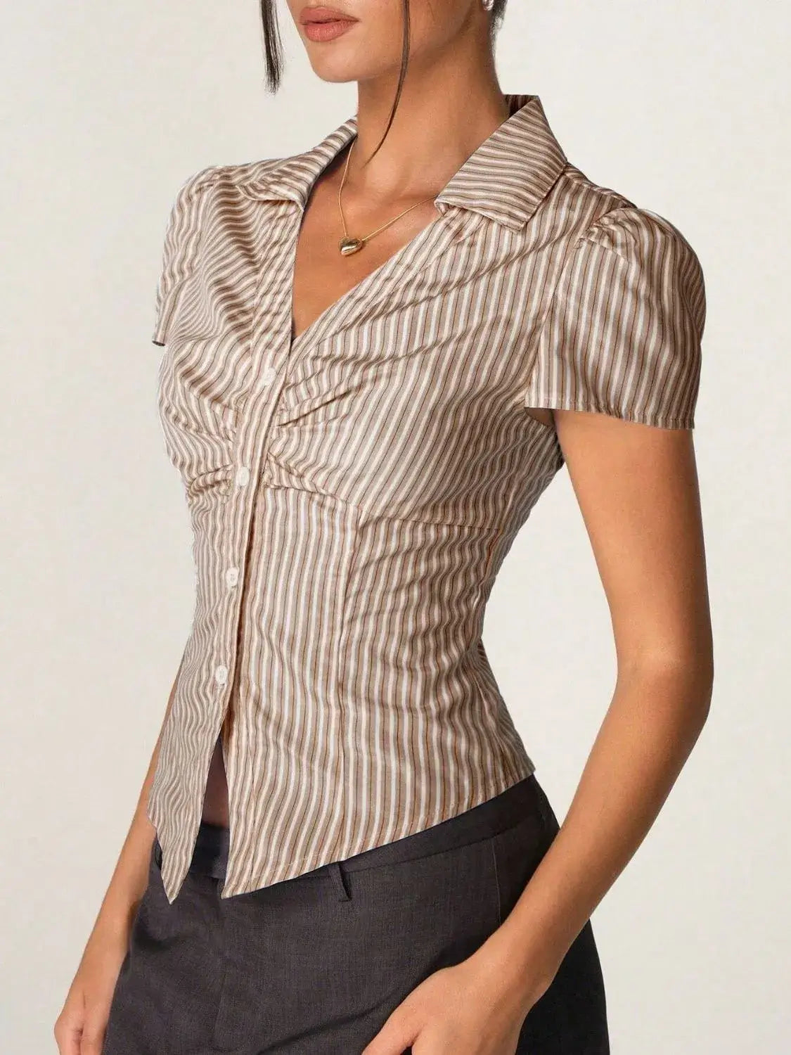 Striped Collared Neck Short Sleeve Shirt