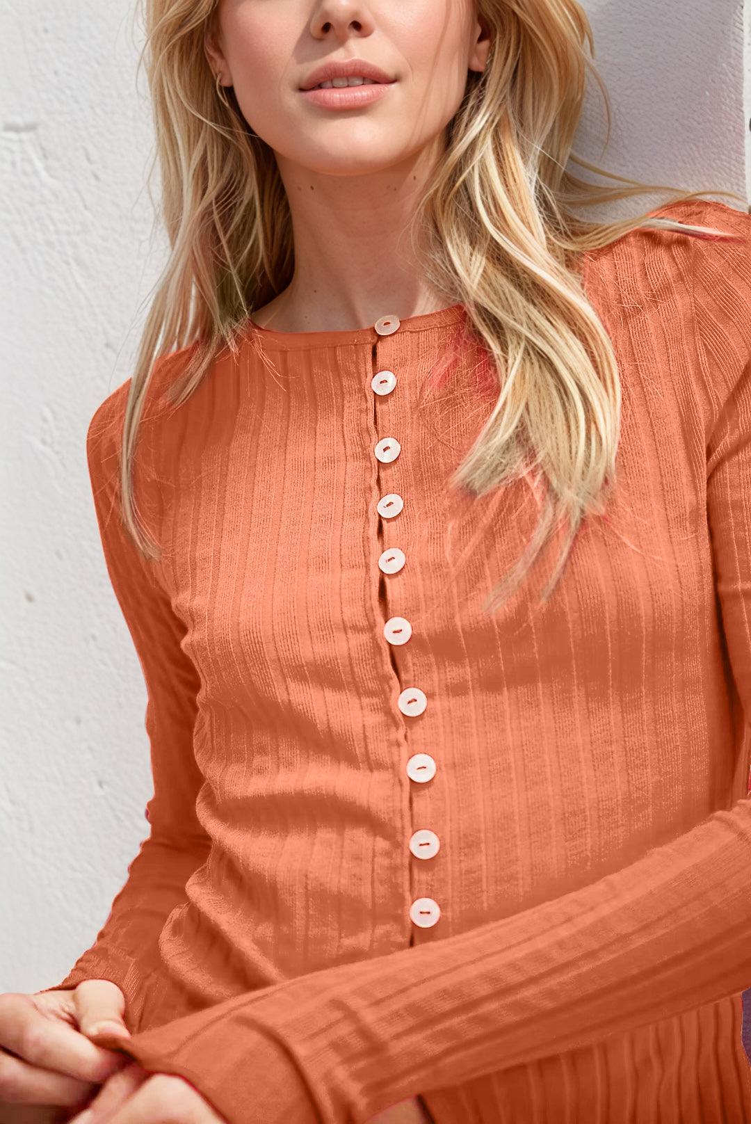 Basic Bae Texture Button Up Round Neck Long Sleeve Top - Clothes For Her Online Store