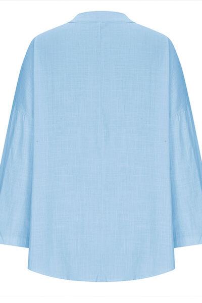 Solid Color Notched Long Sleeve Blouse - Clothes For Her Online Store