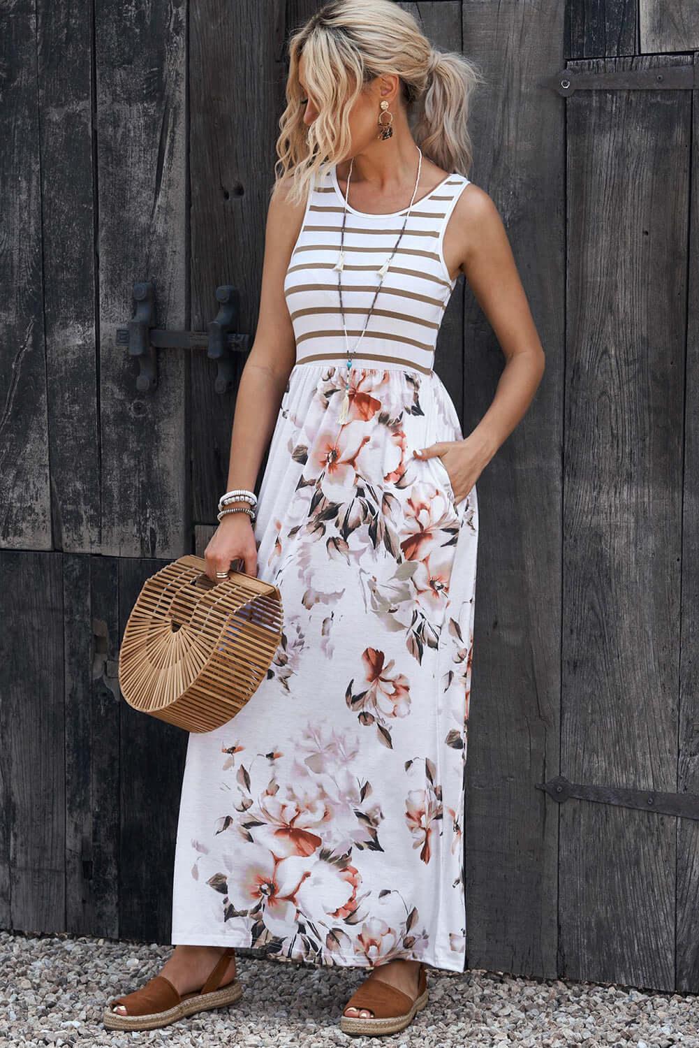 Striped Floral Round Neck Sleeveless Maxi Dress - Clothes For Her Online Store