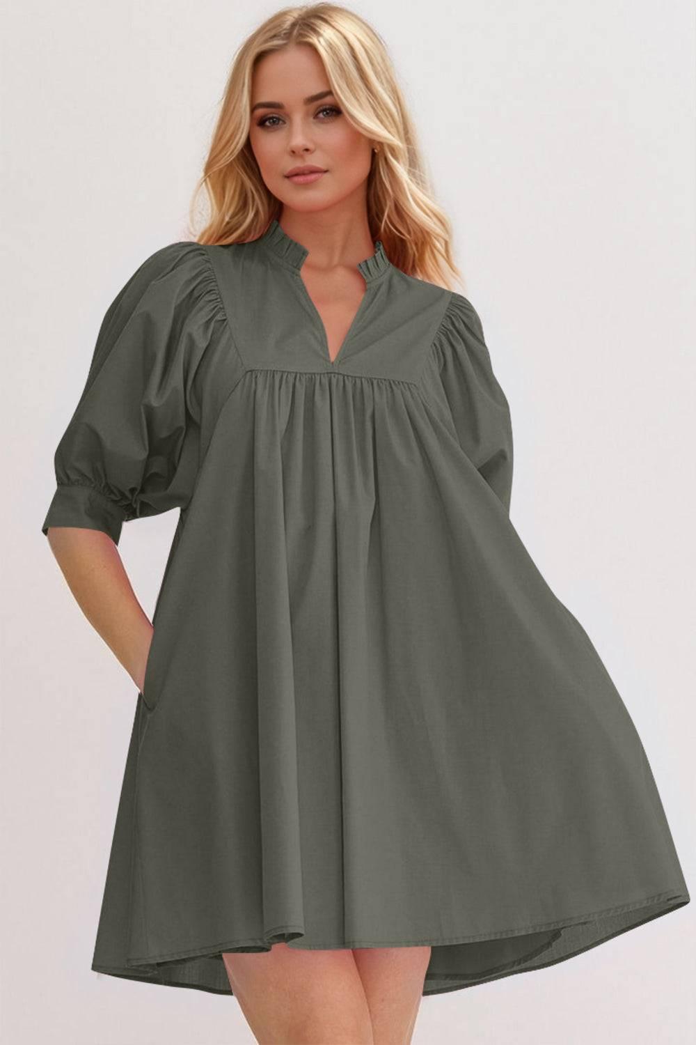 Oh Frill Notched Puff Sleeve Babydoll Mini Dress - Clothes For Her Online Store