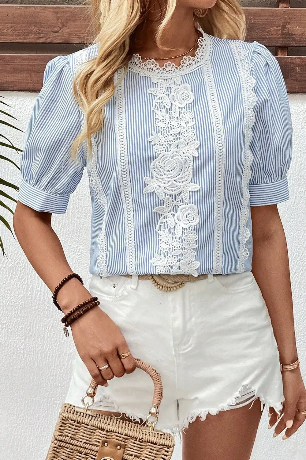 Lace Detail Striped Round Neck Half Sleeve Blouse