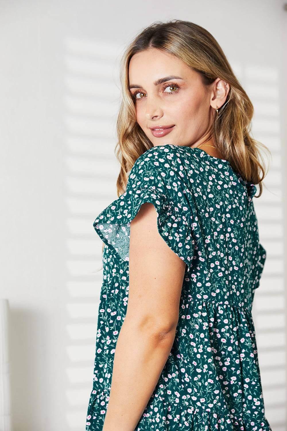 Double Take Short Flounce Sleeve Tiered Dress - Clothes For Her Online Store