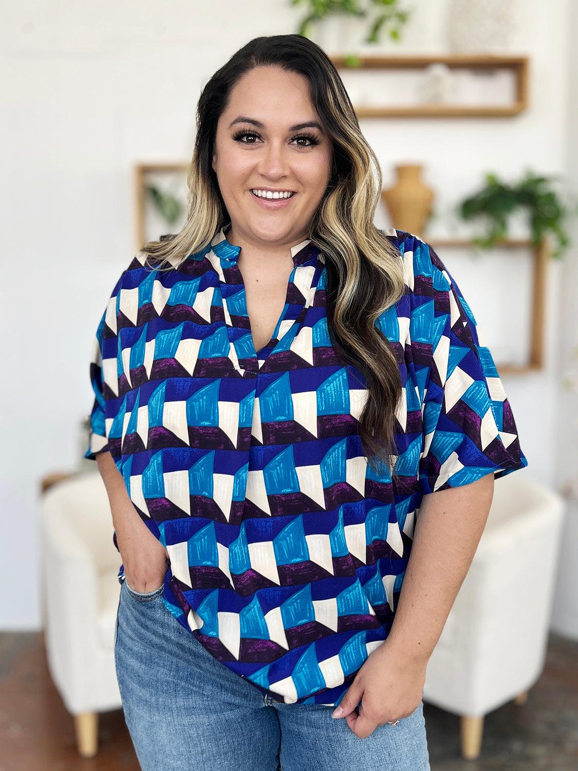 Double Take Full Size Geometric Notched Half Sleeve Blouse - Clothes For Her Online Store