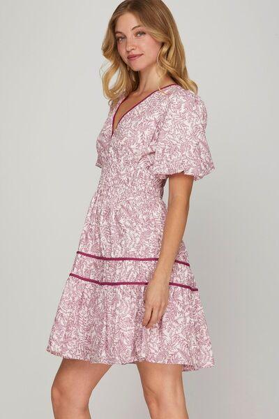 She + Sky Full Size Printed V-Neck Puff Sleeve Tiered Dress Plus Size - Clothes For Her Online Store
