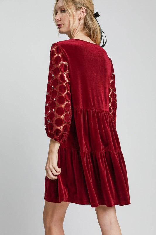 Umgee Dotted Lace Sleeve Tiered Velvet Mini Dress - Clothes For Her Online Store