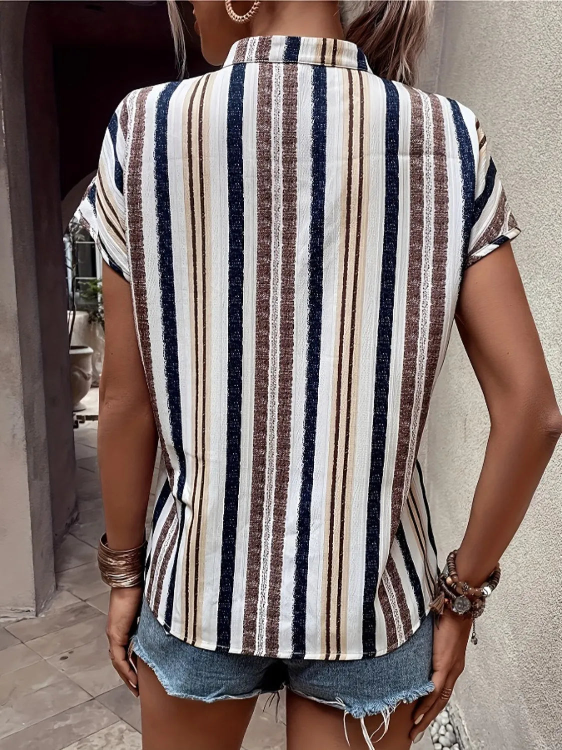 Striped Notched Short Sleeve Shirt