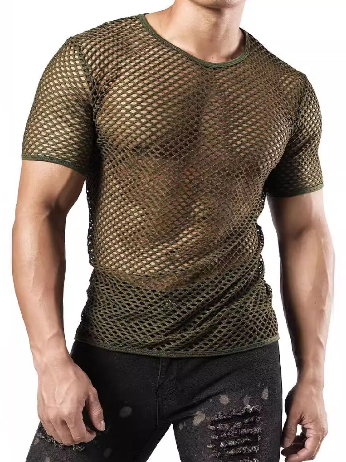 Men's Hollow Out Round Neck Short Sleeve Top - Clothes For Her Online Store
