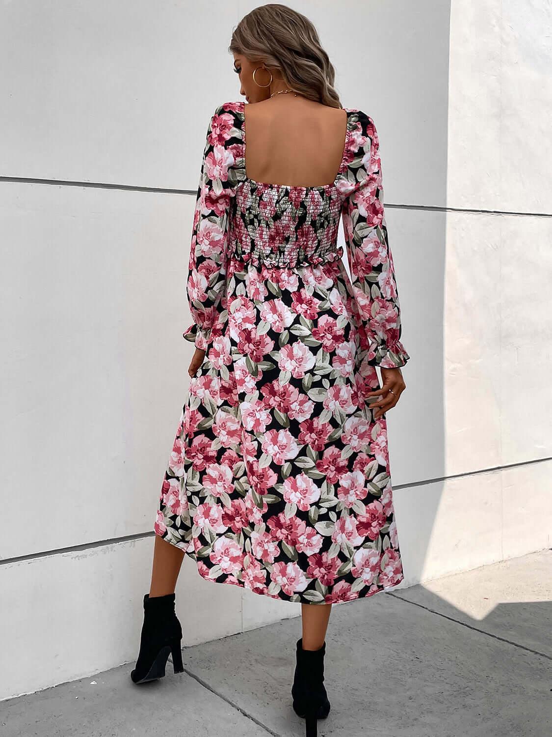Perfee Slit Smocked Floral Flounce Sleeve Dress - Clothes For Her Online Store