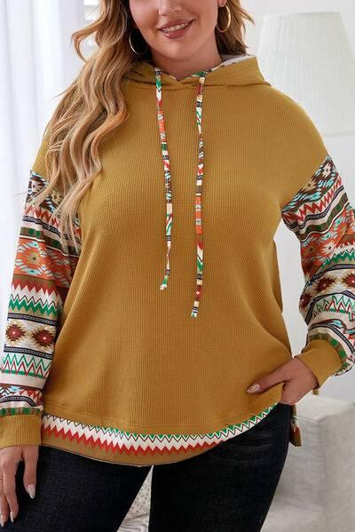 Plus Size Waffle-Knit Geometric Dropped Shoulder Hoodie - Clothes For Her Online Store