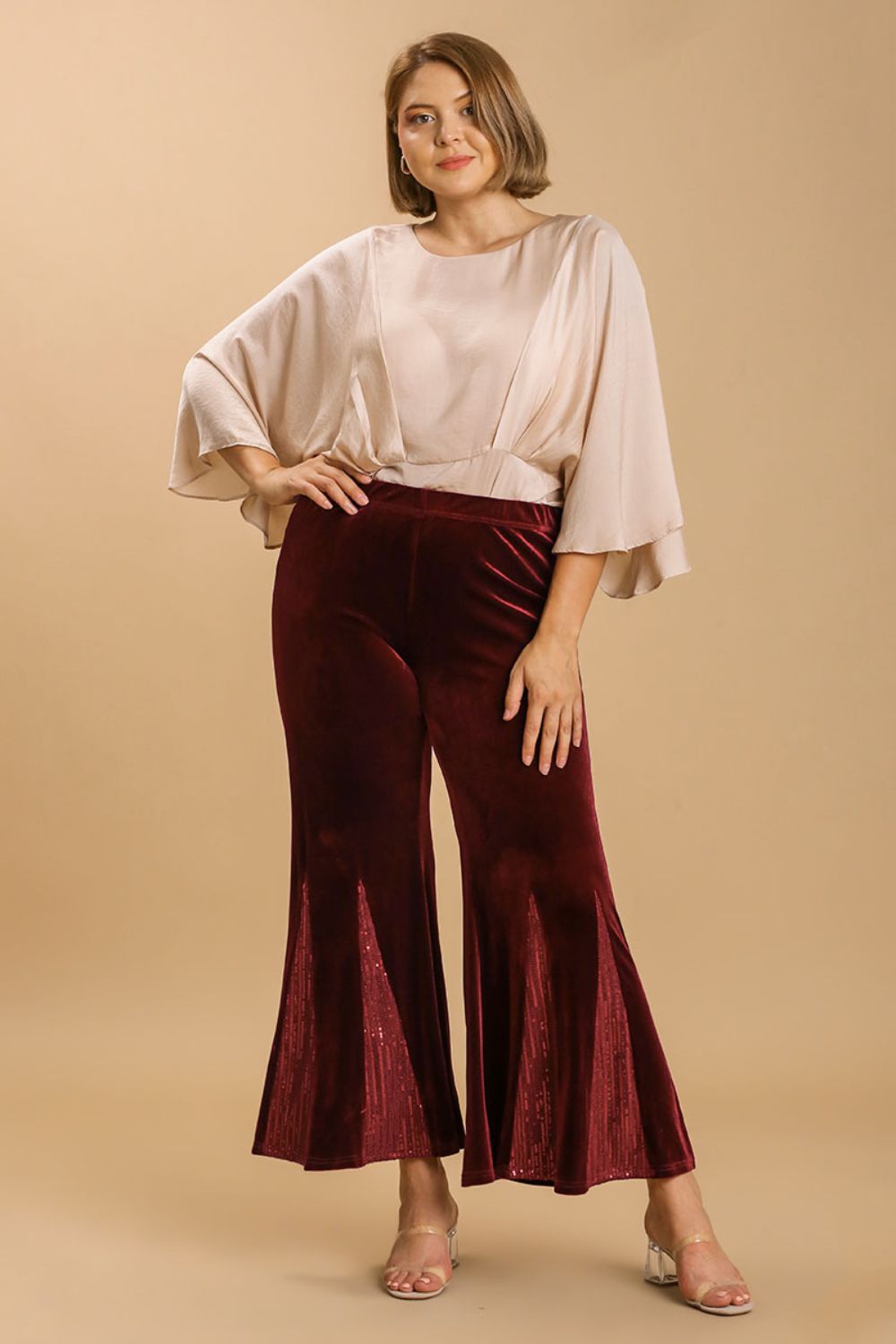 Umgee Full Size Sequin Elastic Waist Velvet Stretch Flare Leg Pants Plus Size - Clothes For Her Online Store