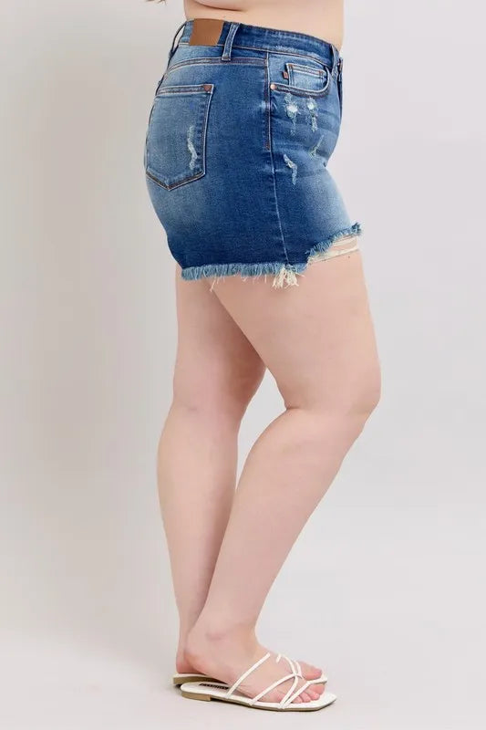 Judy Blue Plus Size 2 Button Dad Shorts with Destrroy