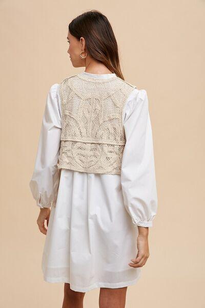 Annie Wear Crochet Vest Notched Long Sleeve Shirt Dress - Clothes For Her Online Store