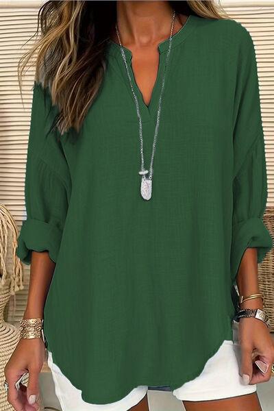 Solid Color Notched Long Sleeve Blouse - Clothes For Her Online Store
