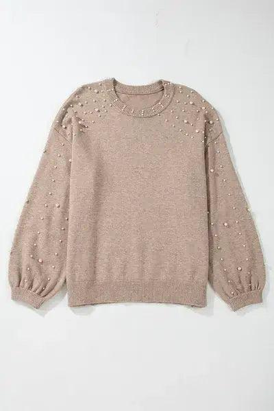 Plus Size Pearl Detail Round Neck Long Sleeve Sweater - Clothes For Her Online Store