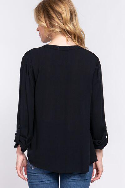 ACTIVE BASIC Full Size Notched Long Sleeve Woven Top - Clothes For Her Online Store