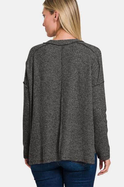 Zenana Full Size Exposed Seam Brushed Round Neck Sweater - Clothes For Her Online Store