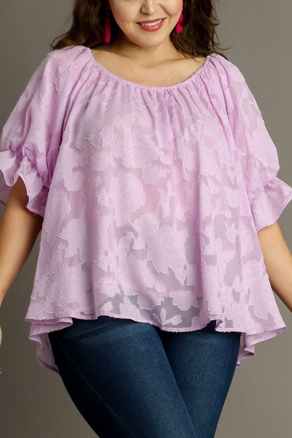 Umgee Full Size Jacquard Round Neck Ruffled Puff Sleeve Blouse Plus Size - Clothes For Her Online Store