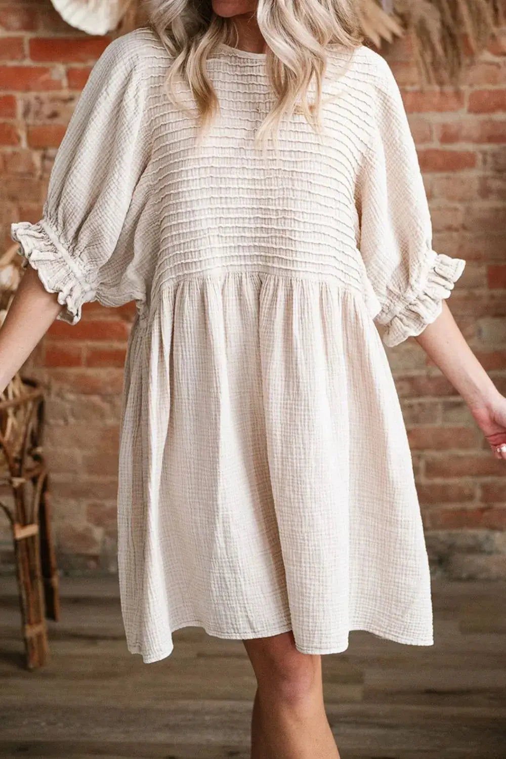 Textured Ruffled Puff Sleeve Loose Dress - Clothes For Her Online Store