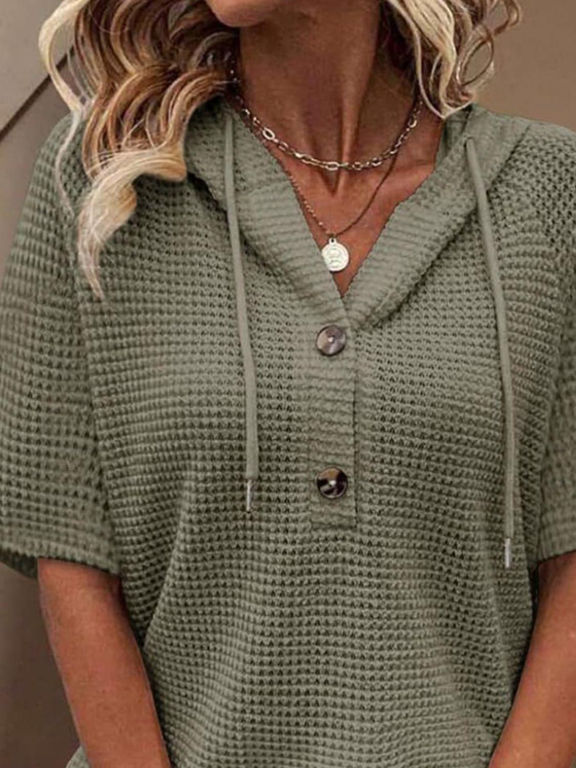 Waffle-Knit Hooded Short Sleeve Blouse - Clothes For Her Online Store