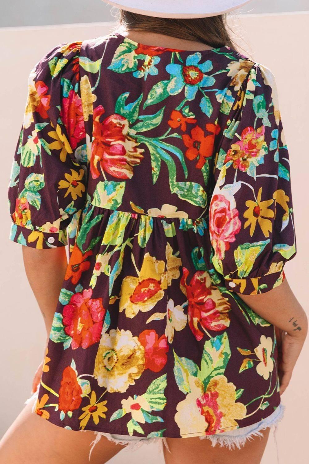 Flower Embroidered Trim Half Sleeve Blouse - Clothes For Her Online Store