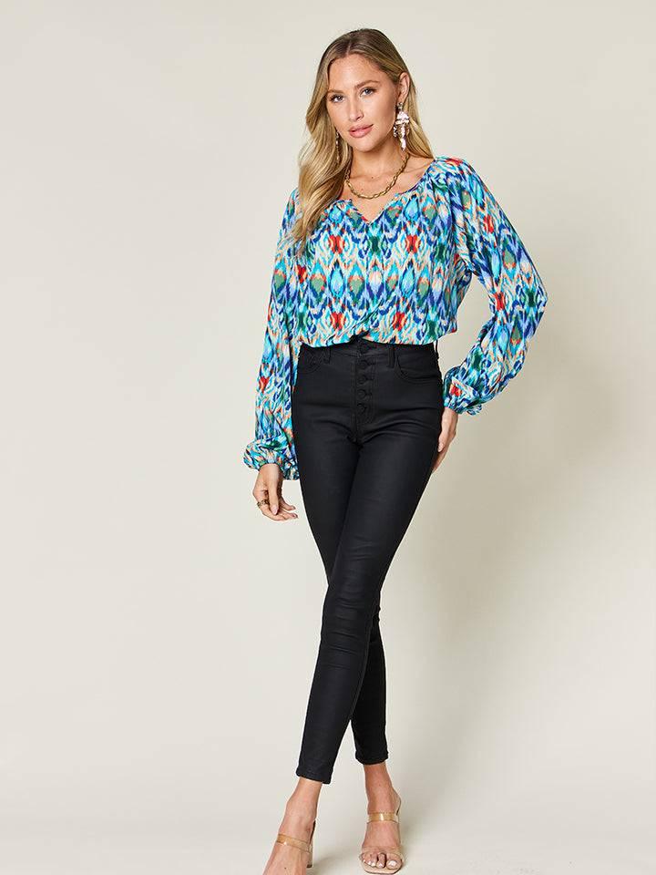 Double Take Full Size Printed Balloon Sleeve Blouse - Clothes For Her Online Store
