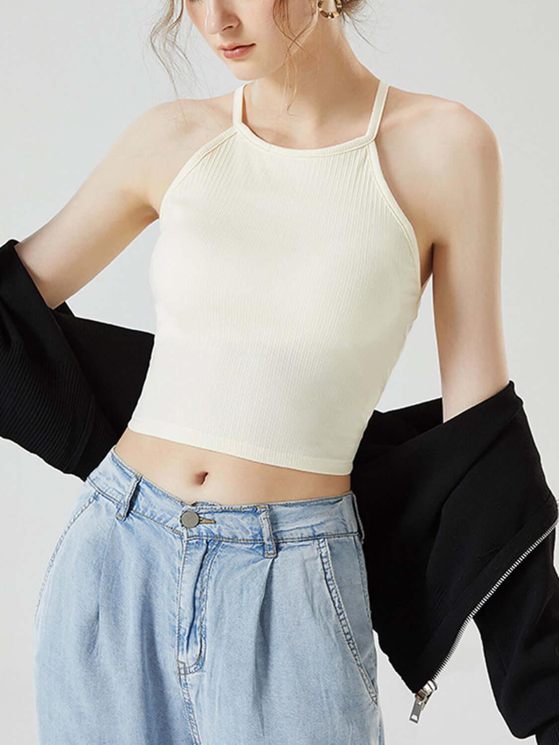 Grecian Neck Cropped Tank with Chest Pads - Clothes For Her Online Store
