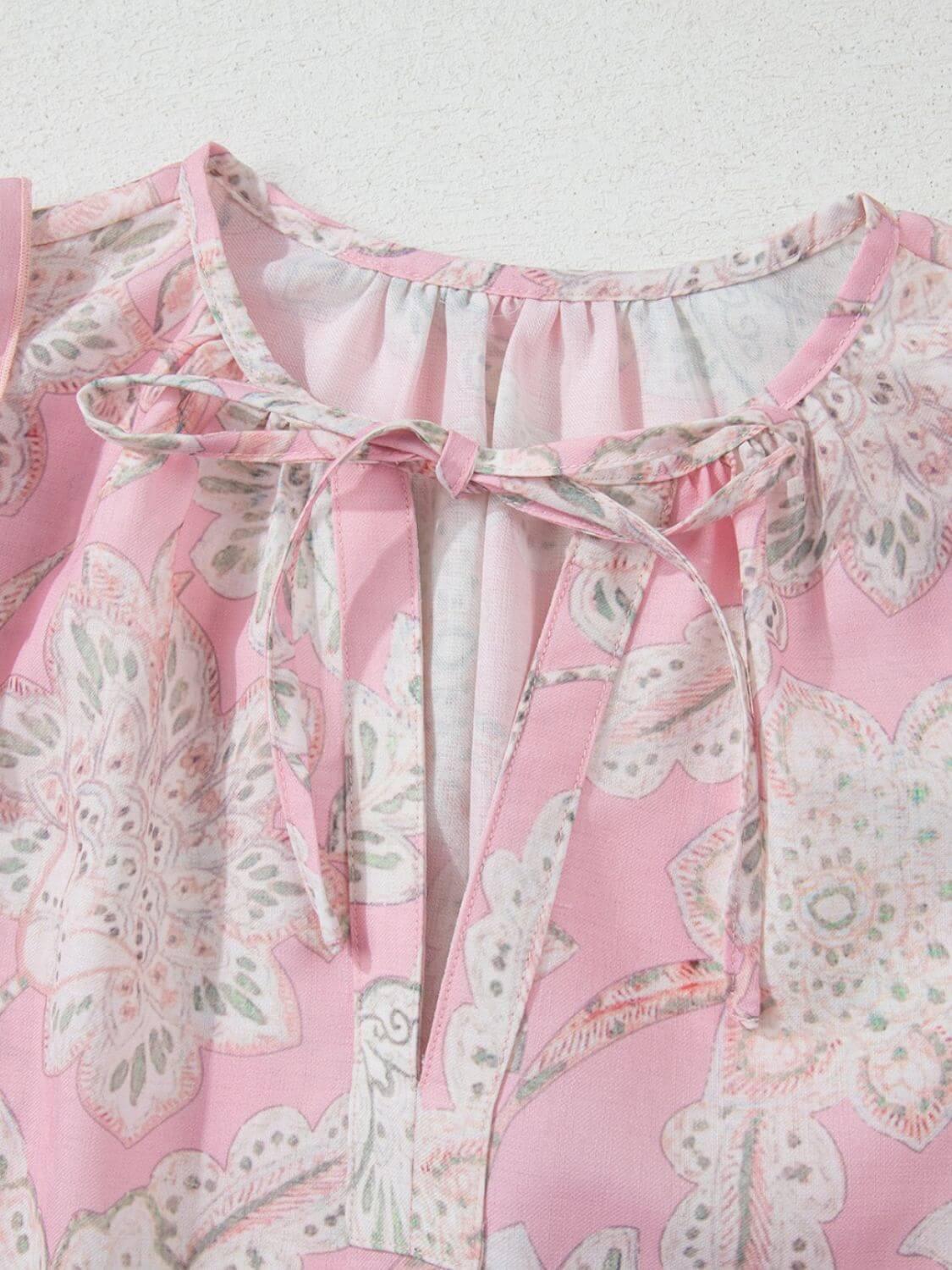 Floral Tie Neck Puff Sleeve Blouse - Clothes For Her Online Store