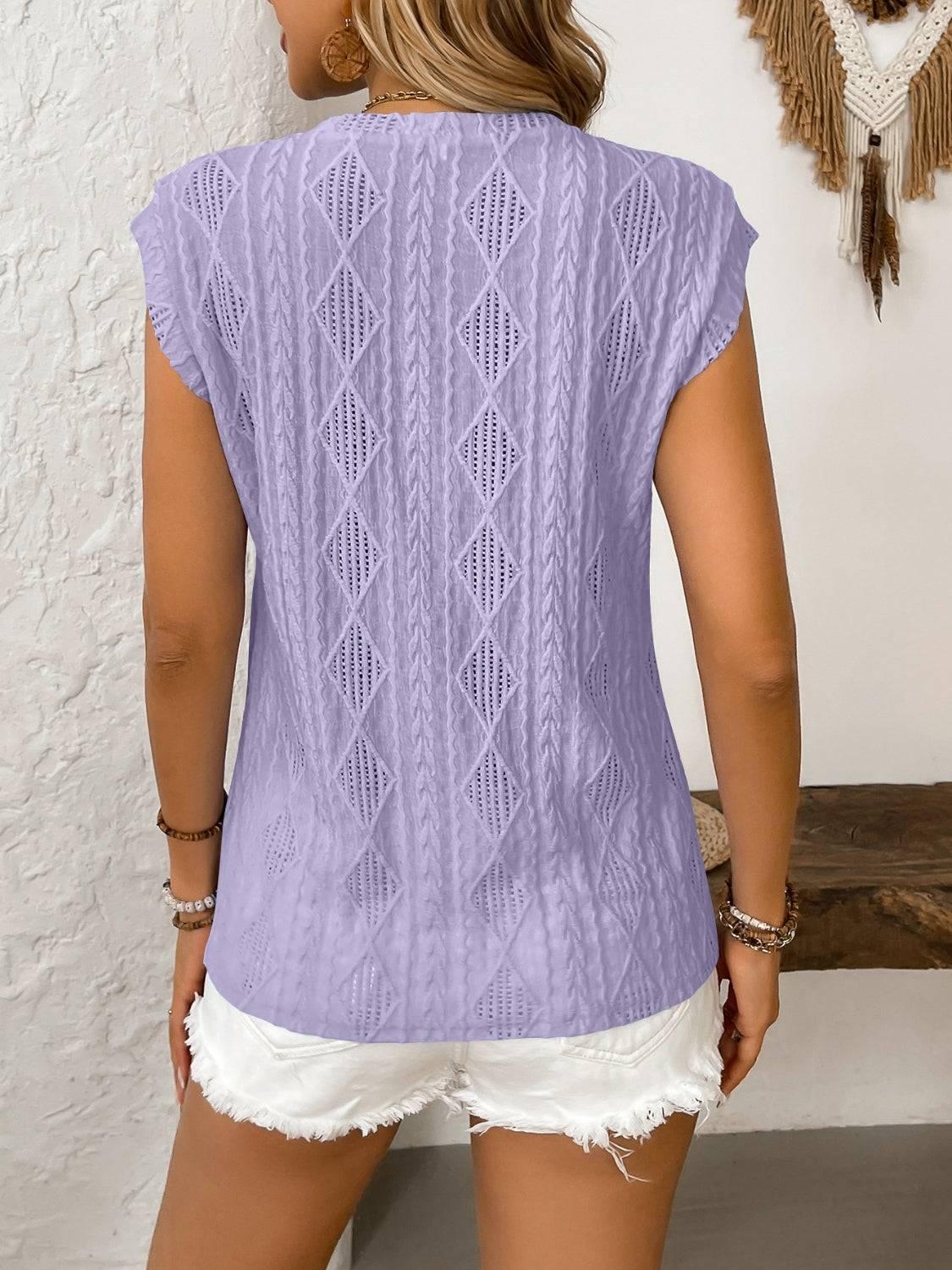 Eyelet Round Neck Cap Sleeve Top - Clothes For Her Online Store