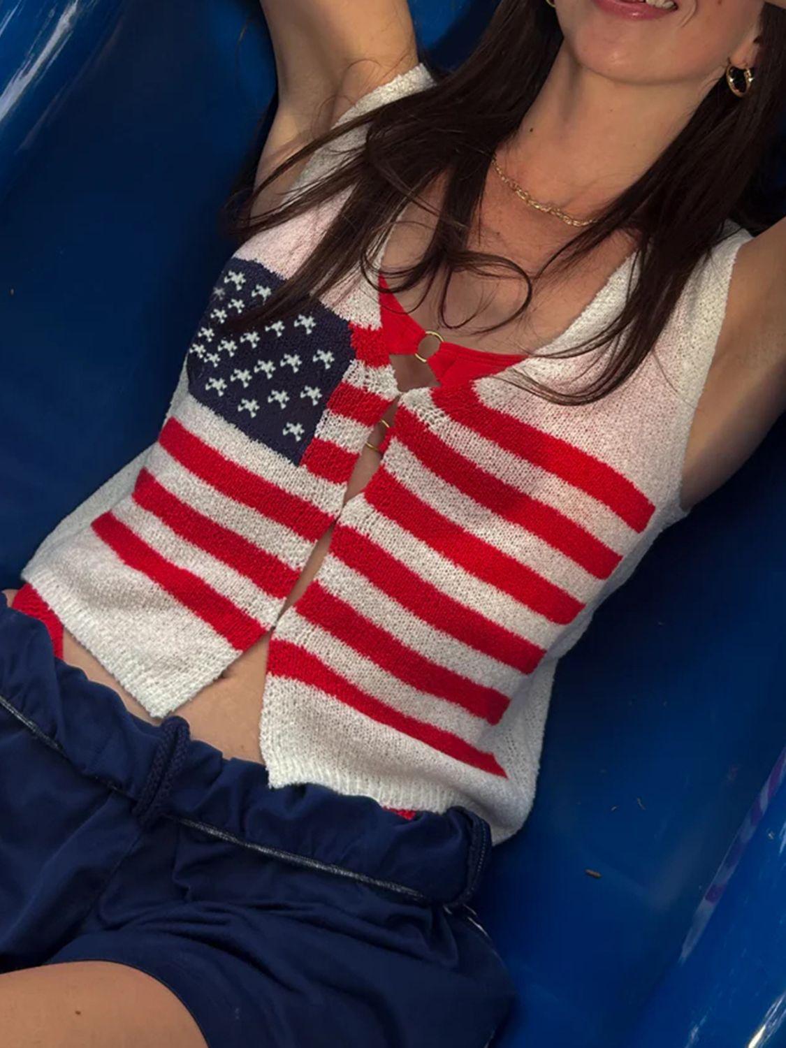 Devine US Flag Button Front V-Neck Sweater Vest - Clothes For Her Online Store