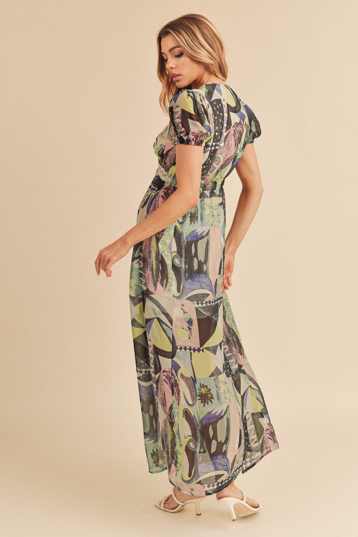 Aemi + Co Lace Detail Slit Geometric Print Short Sleeve Maxi Dress - Clothes For Her Online Store