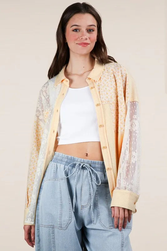 VERY J Plus Size Contrast Ribbed Knit Lace Shacket