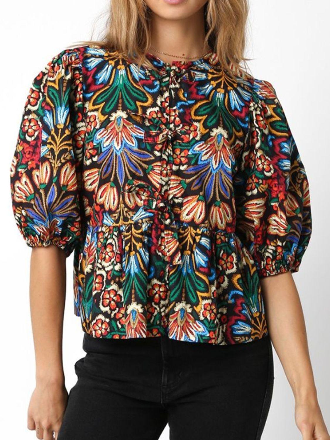 Tropical Print Puff Sleeve Knot Front Blouse - Clothes For Her Online Store