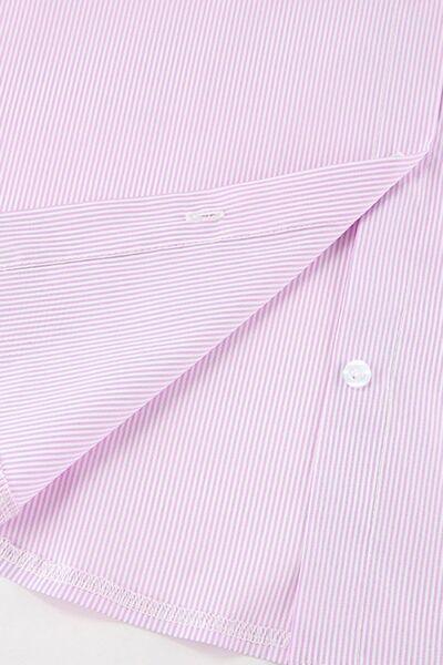 Striped Collared Neck Long Sleeve Shirt - Clothes For Her Online Store