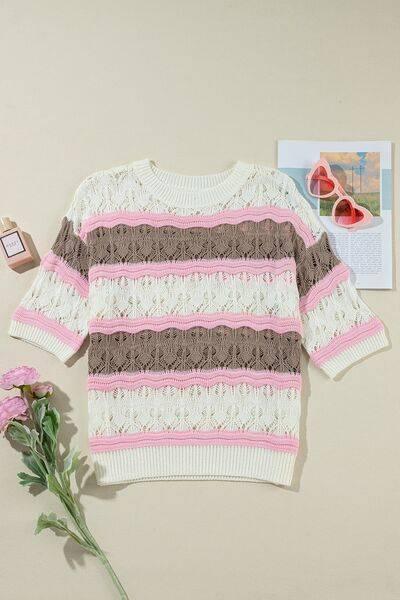 Color Block Openwork Half Sleeve Sweater - Clothes For Her Online Store