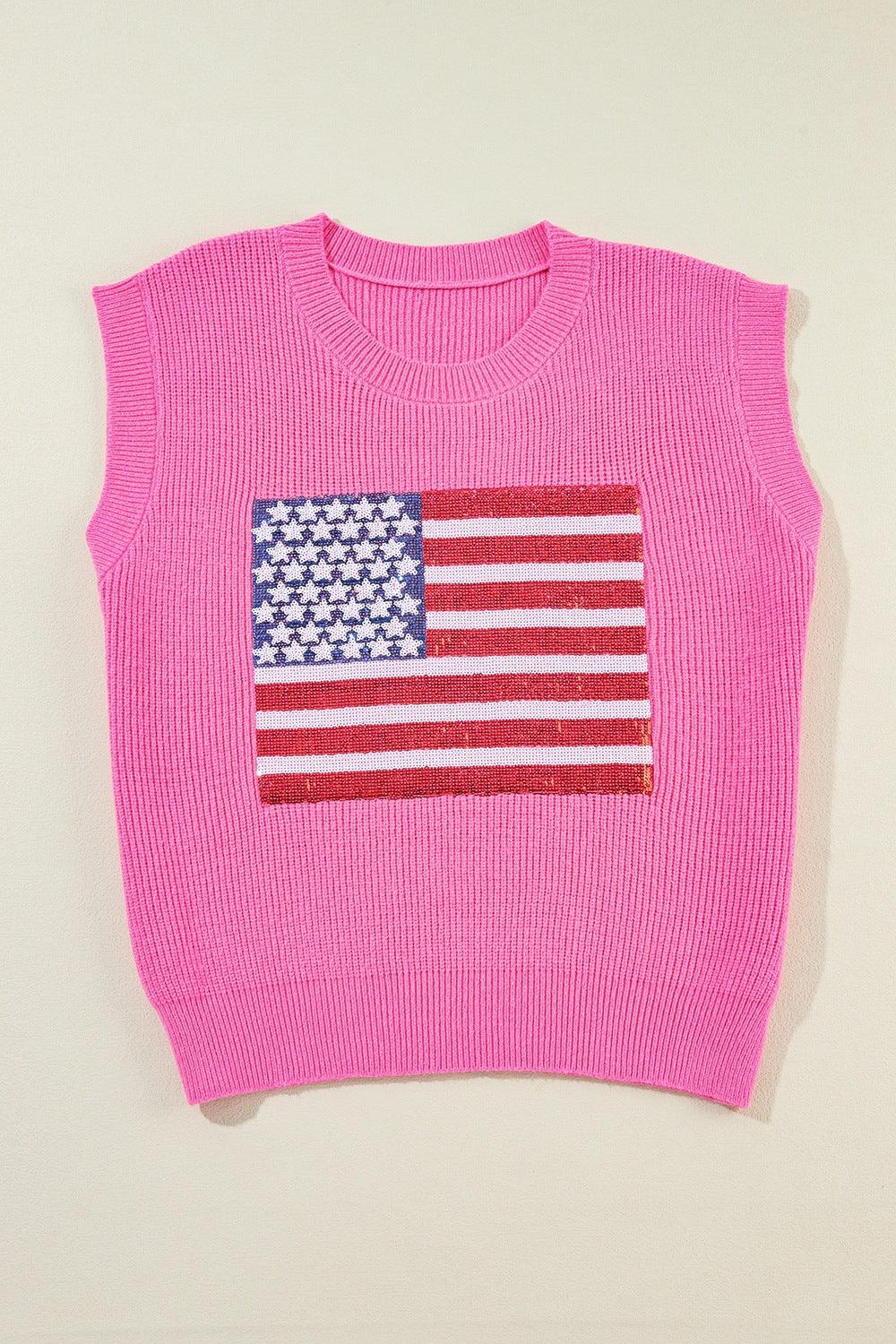 Sequin US Flag Round Neck Sweater Vest - Clothes For Her Online Store