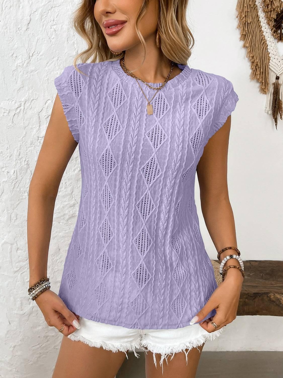 Eyelet Round Neck Cap Sleeve Top - Clothes For Her Online Store