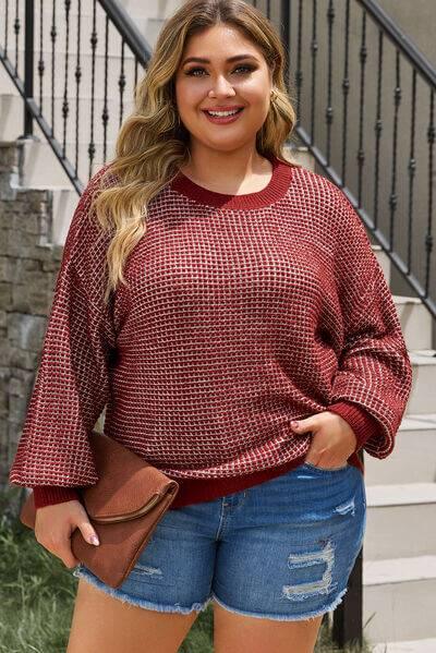 Plus Size Waffle-Knit Round Neck Dropped Shoulder Sweater - Clothes For Her Online Store