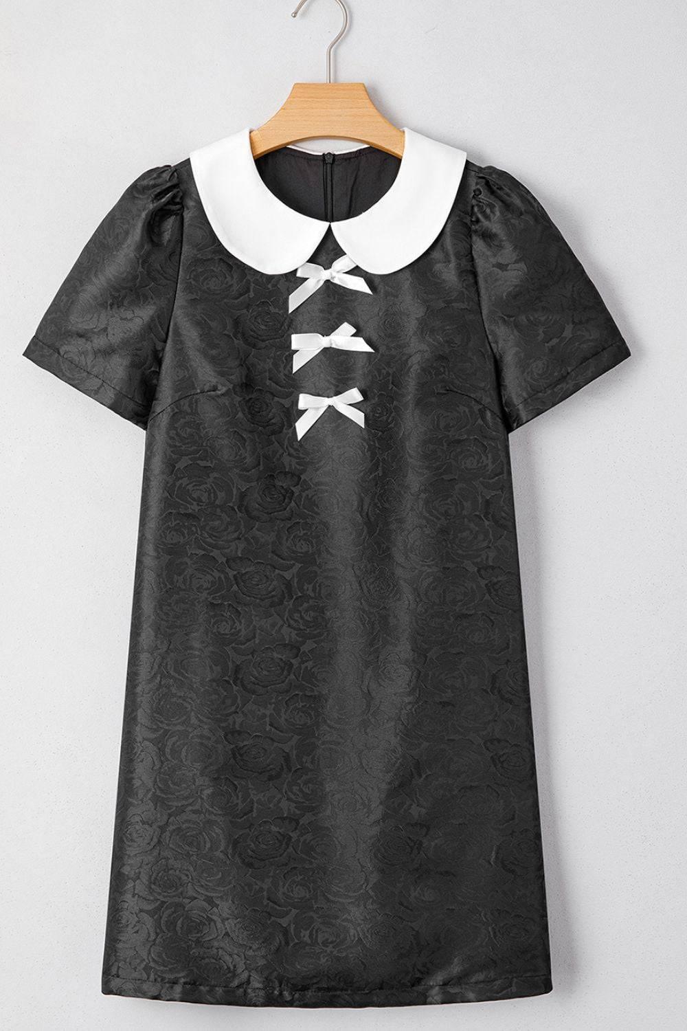 Floral Embossed Puff Sleeve Colorblock Bow Collared Mini Dress - Clothes For Her Online Store