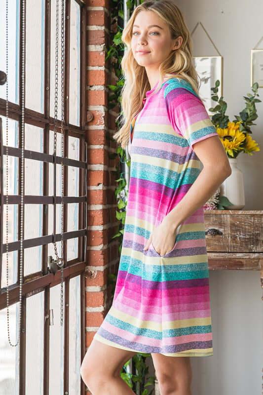 Heimish Full Size Striped Short Sleeve Mini Tee Dress Plus Size - Clothes For Her Online Store