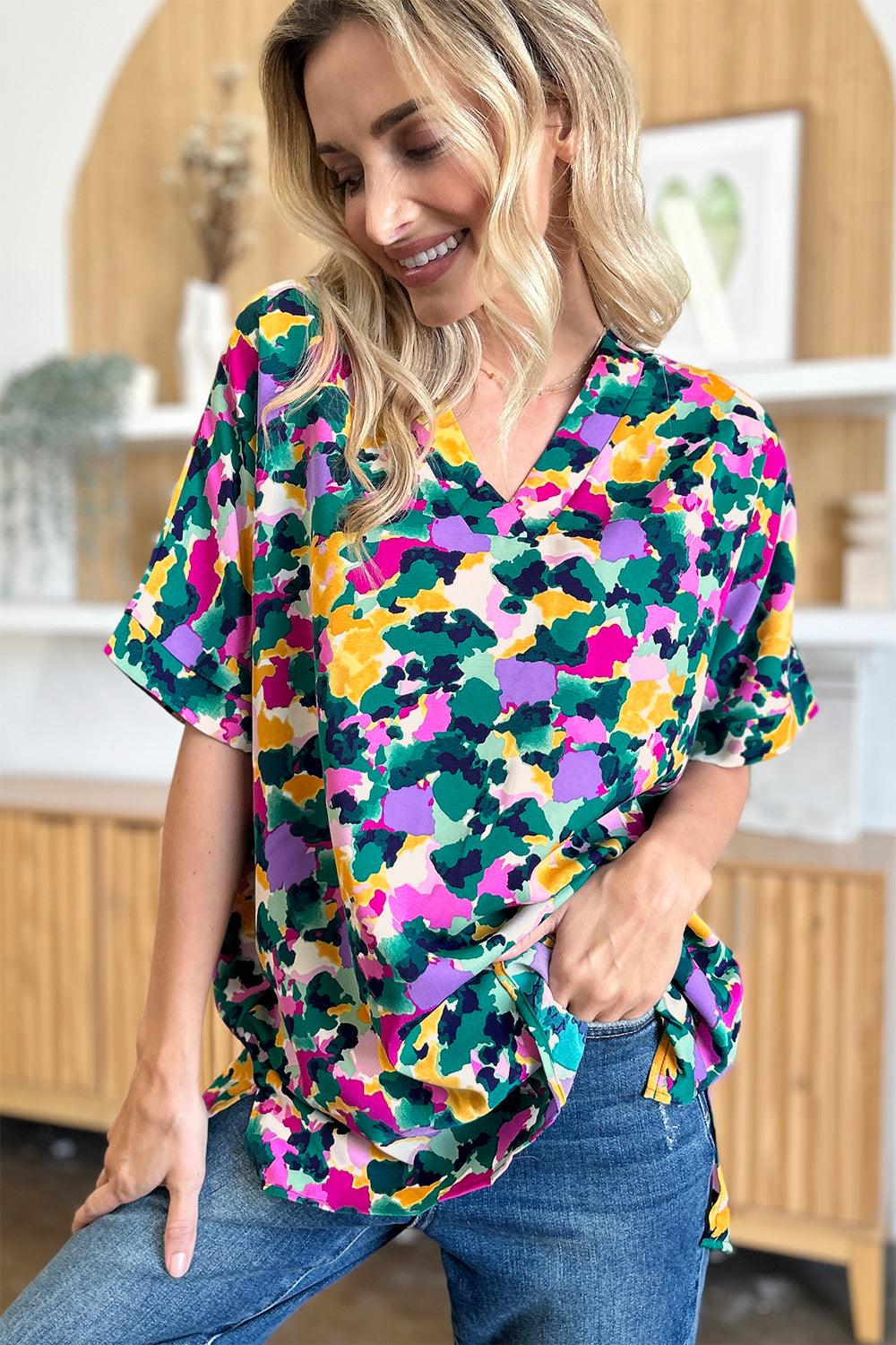 Double Take Full Size Printed V-Neck Short Sleeve Side Slit Top - Clothes For Her Online Store