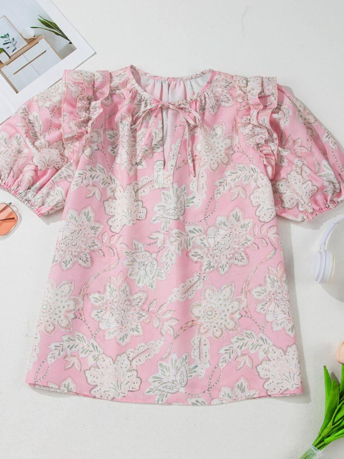 Floral Tie Neck Puff Sleeve Blouse - Clothes For Her Online Store