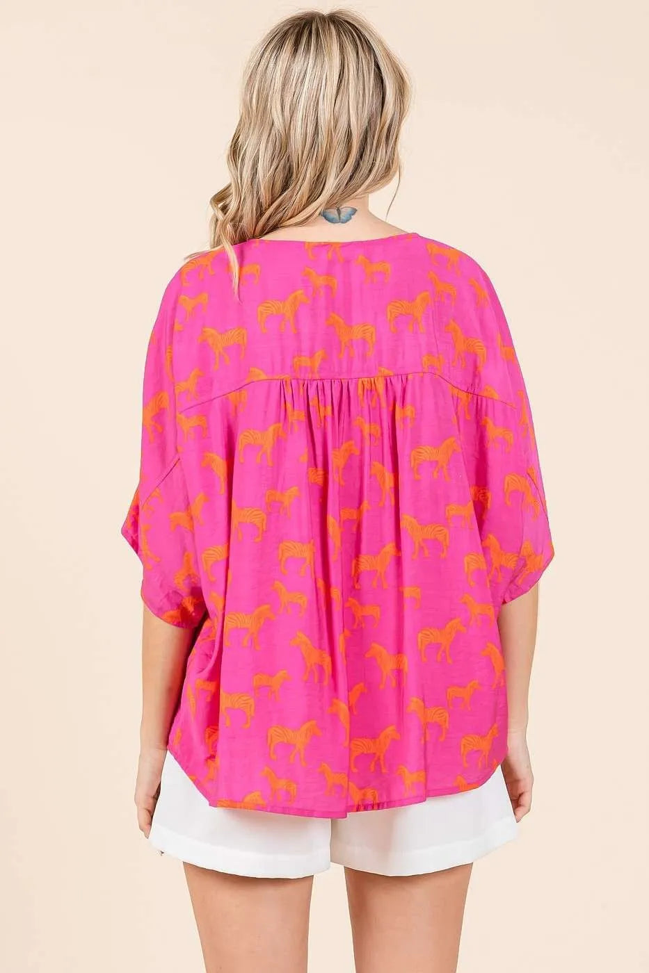 Mittoshop Zebra Print V-Neck Button Down Dolman Sleeve Top