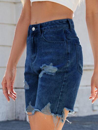 Distressed Raw Hem Denim Shorts - Clothes For Her Online Store