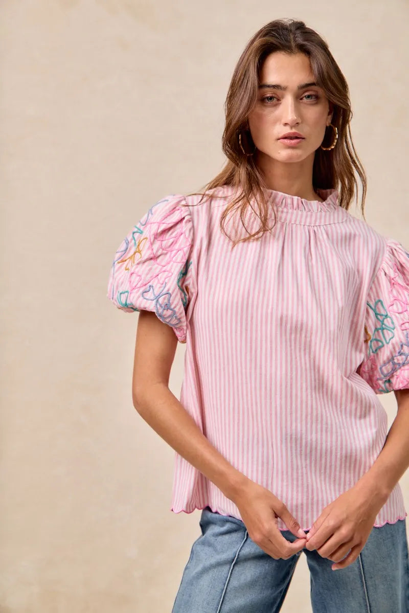 BiBi Embroidery Bubble Sleeve Top With Bottom Scallop Detail