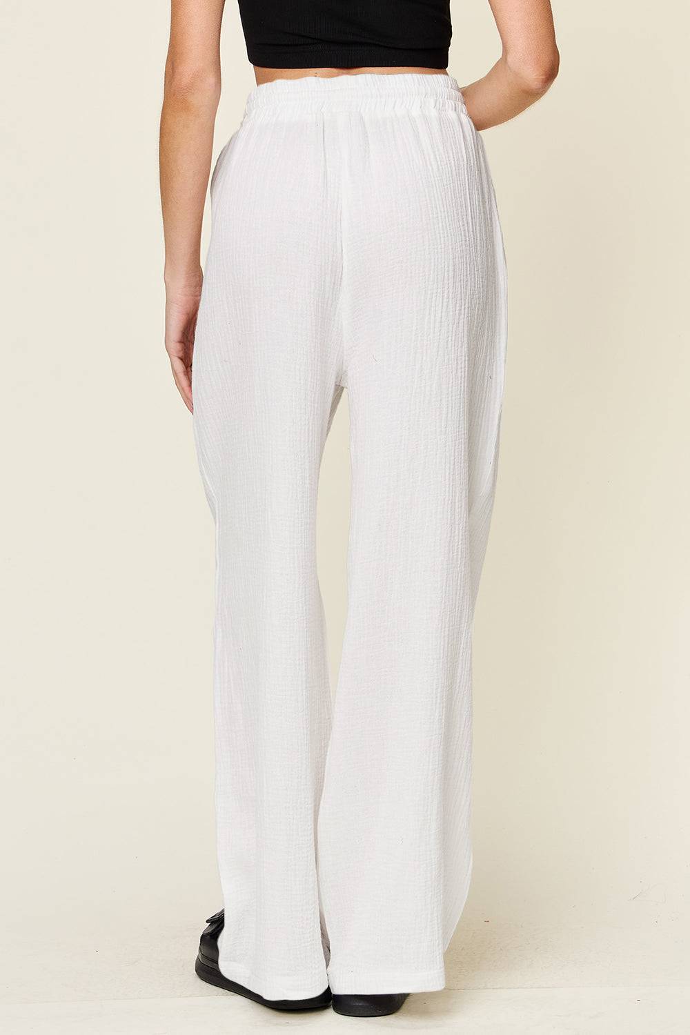 Double Take Full Size Texture Drawstring Wide Leg Pants - Clothes For Her Online Store