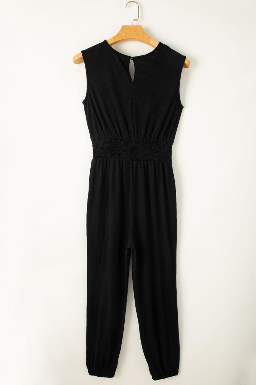Smocked Sleeveless V Neck Jumpsuit - Clothes For Her Online Store