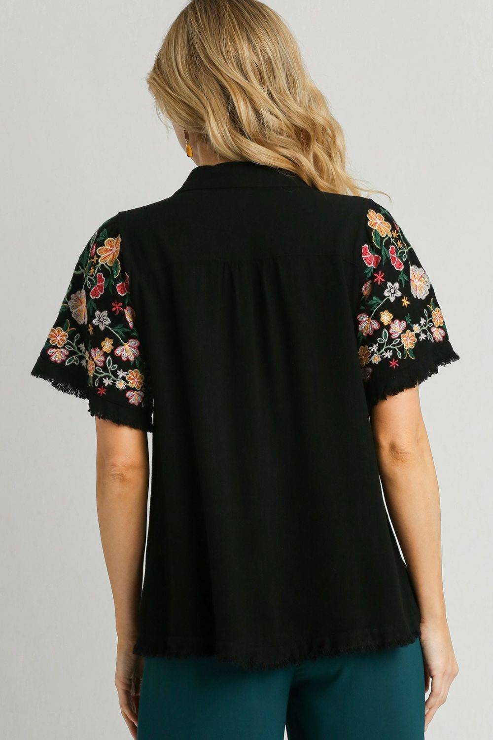 Umgee Full Size Linen Shirt with Embroidered Sleeves Plus Size - Clothes For Her Online Store