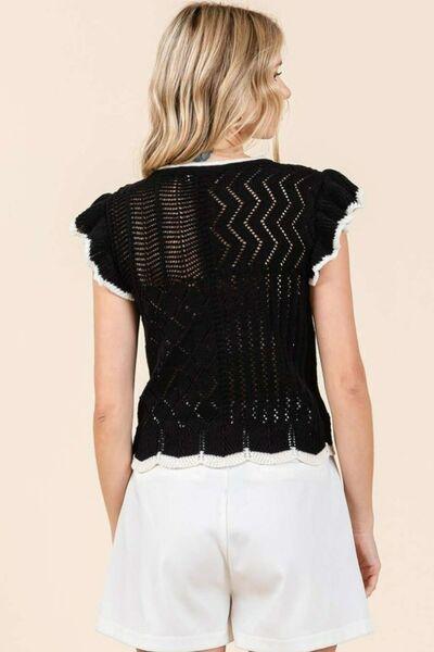 Mittoshop Openwork Contrast Trim Ruffled Cap Sleeve Knit Top - Clothes For Her Online Store