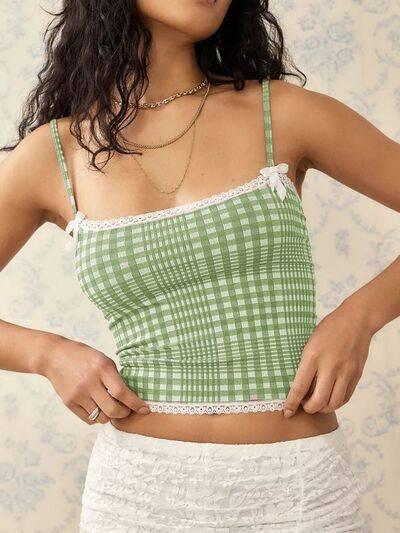 Lace Detail Plaid Square Neck Cami - Clothes For Her Online Store